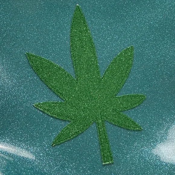 Julie Mollo Glitter Blue & Green Leaf Clutch Oversized Cosmetic Bag New - Picture 6 of 16